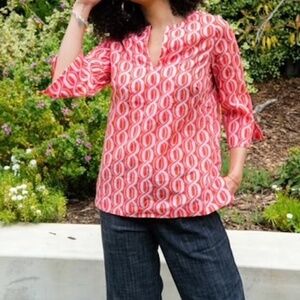 Lesley Evers 100% Cotton Charlie Blouse Red Pink Tunic Top Large 3/4 Sleeve USA